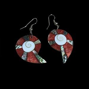 Elegant Red and Abalone Shell Spiral Earrings